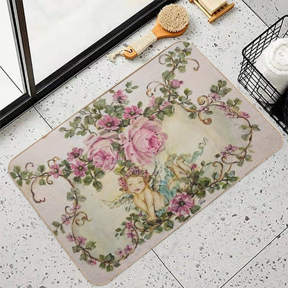 Sweet Cherub And Pink Roses Shabby Chic  Dirt-Trapping Bath Mat