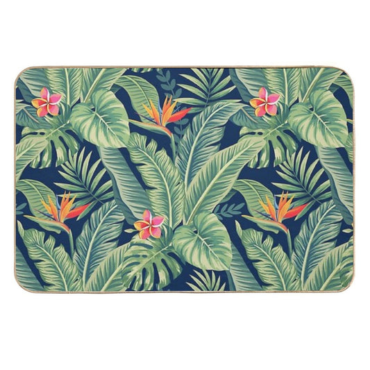 Tropical Banana Monstera Palm Leaves & Flowers  Non-Slip Bath Mat