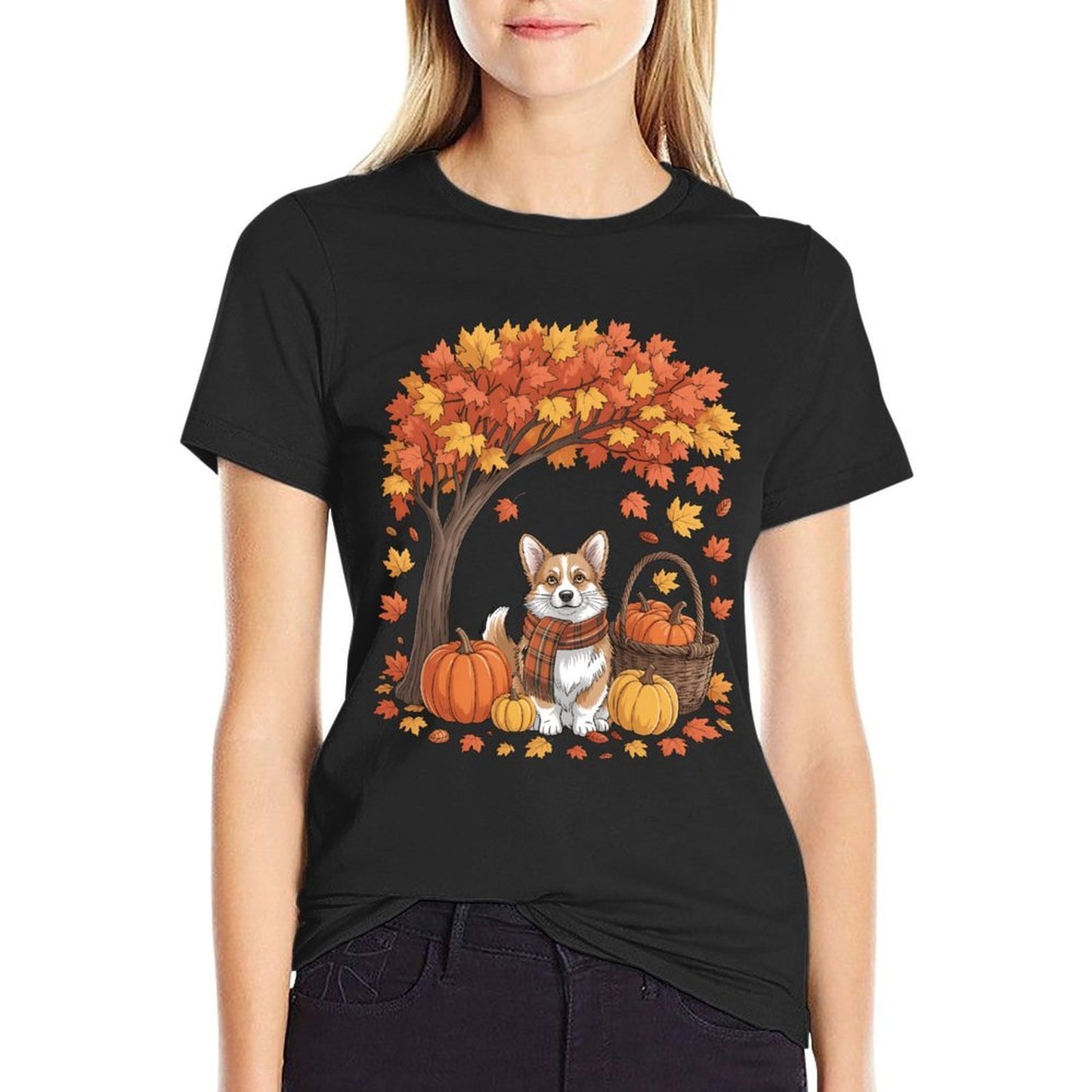 Corgi Dog Fall Scarf Pumpkin Autumn Leaves Thanksgiving  Fade-proof Color T-Shirt