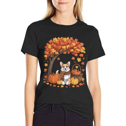 Corgi Dog Fall Scarf Pumpkin Autumn Leaves Thanksgiving  Fade-proof Color T-Shirt