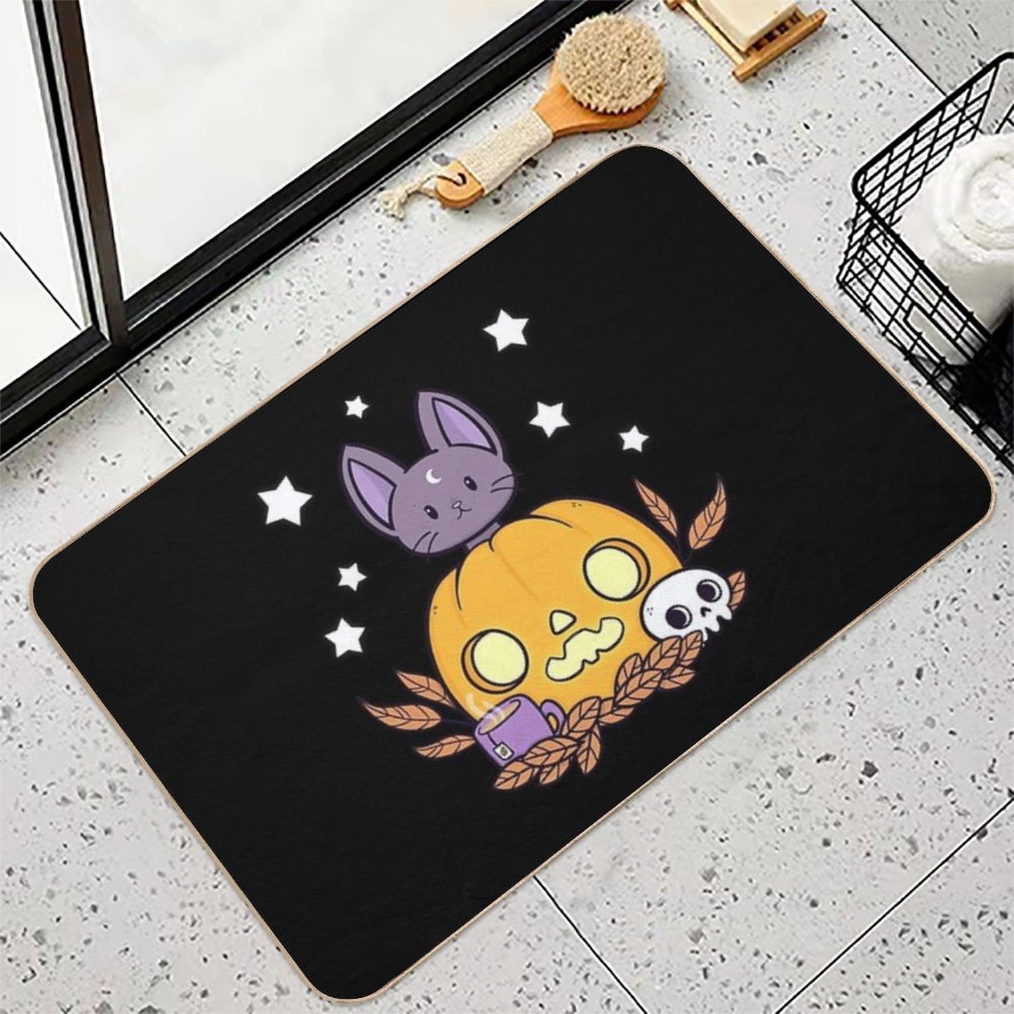 Pumpkin Cats Son  Black  Nikury  Easy To Clean Bath Mat