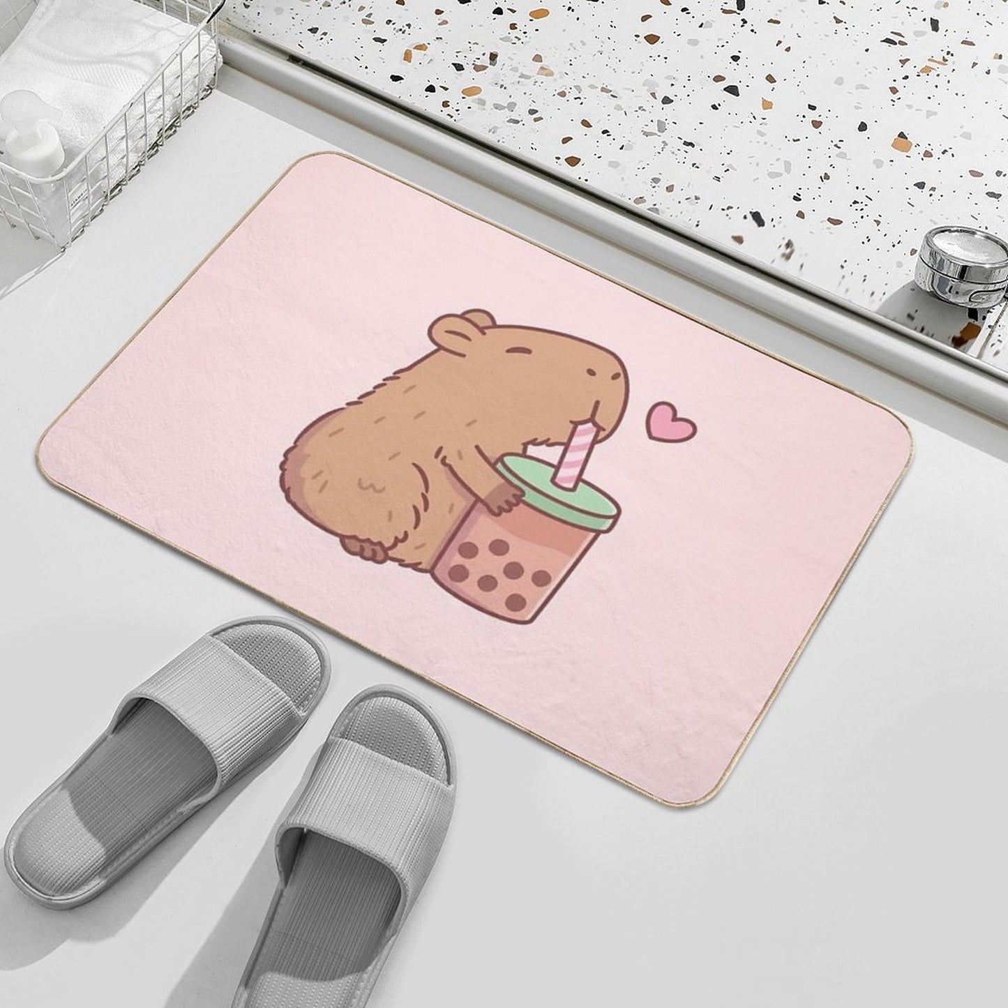 Cute Capybara Loves Bubble Tea  Anti-Trip Bath Mat
