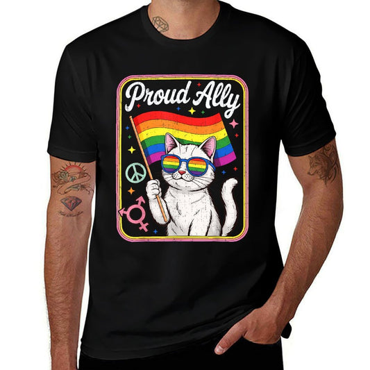 Funny Proud Ally Cat Wearing Rainbow Glasses Men Women  Oversized Silhouette T-Shirt