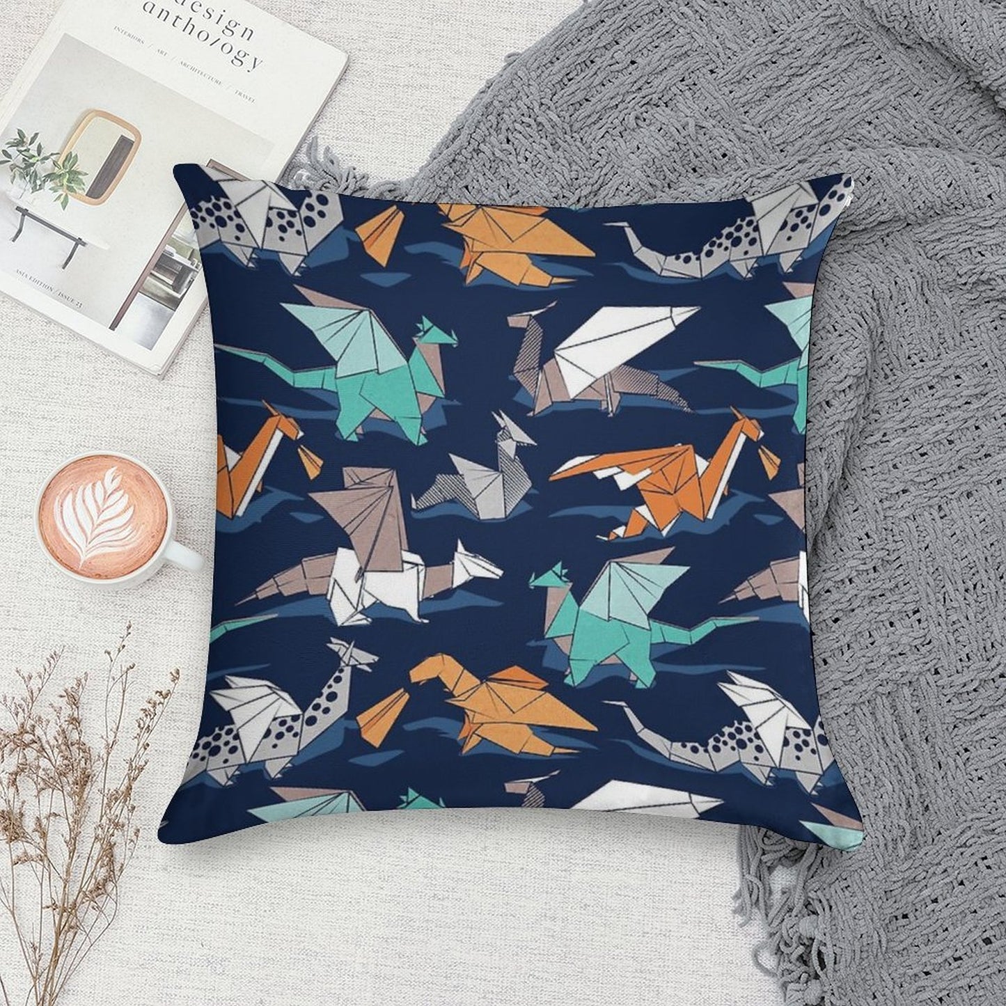 Origami Dragon Friends  Oxford Navy Blue Background Soft Luxury Feel Throw Pillow