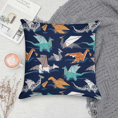 Origami Dragon Friends  Oxford Navy Blue Background Soft Luxury Feel Throw Pillow
