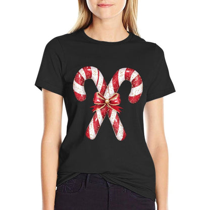 Retro Coquette Bow Candy Cane Christmas Season Girls Womens  Rolled Sleeves T-Shirt