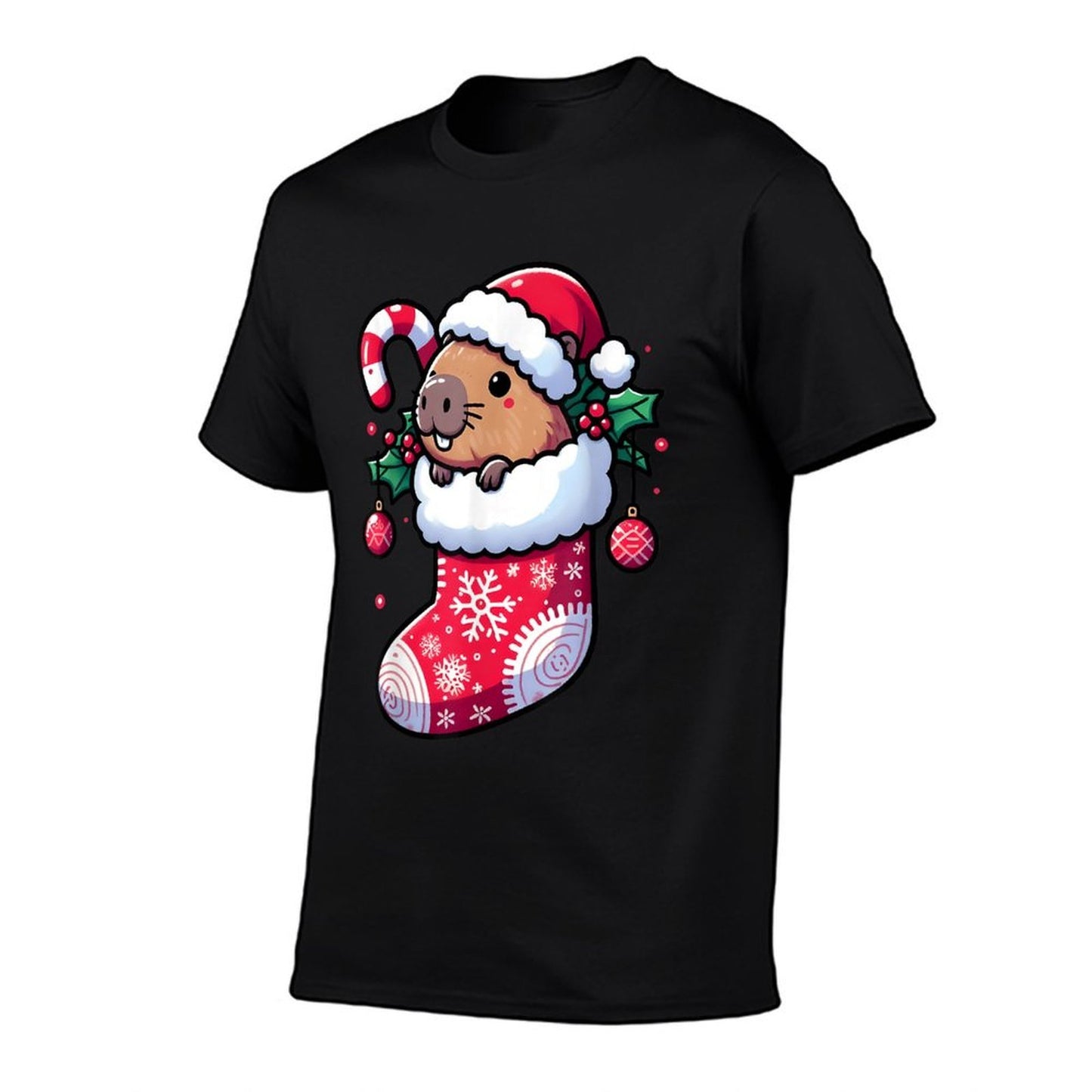 Cute Capybara Wearing Santa Hat in Christmas Stocking Pajama  Rolled Sleeves T-Shirt