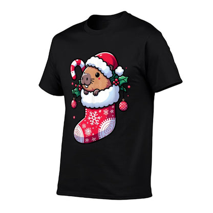 Cute Capybara Wearing Santa Hat in Christmas Stocking Pajama  Rolled Sleeves T-Shirt