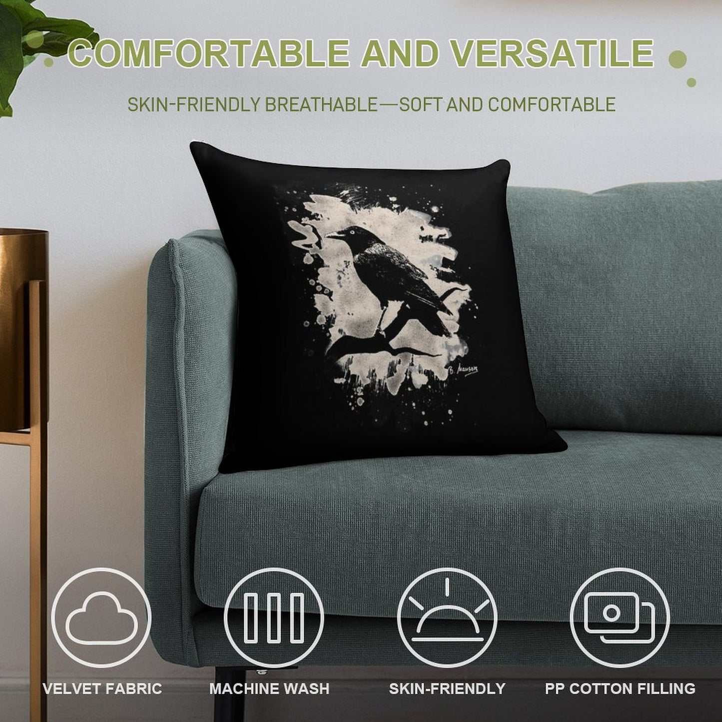 Crow Bleached (creme White) Soft Hidden Zipper Throw Pillow