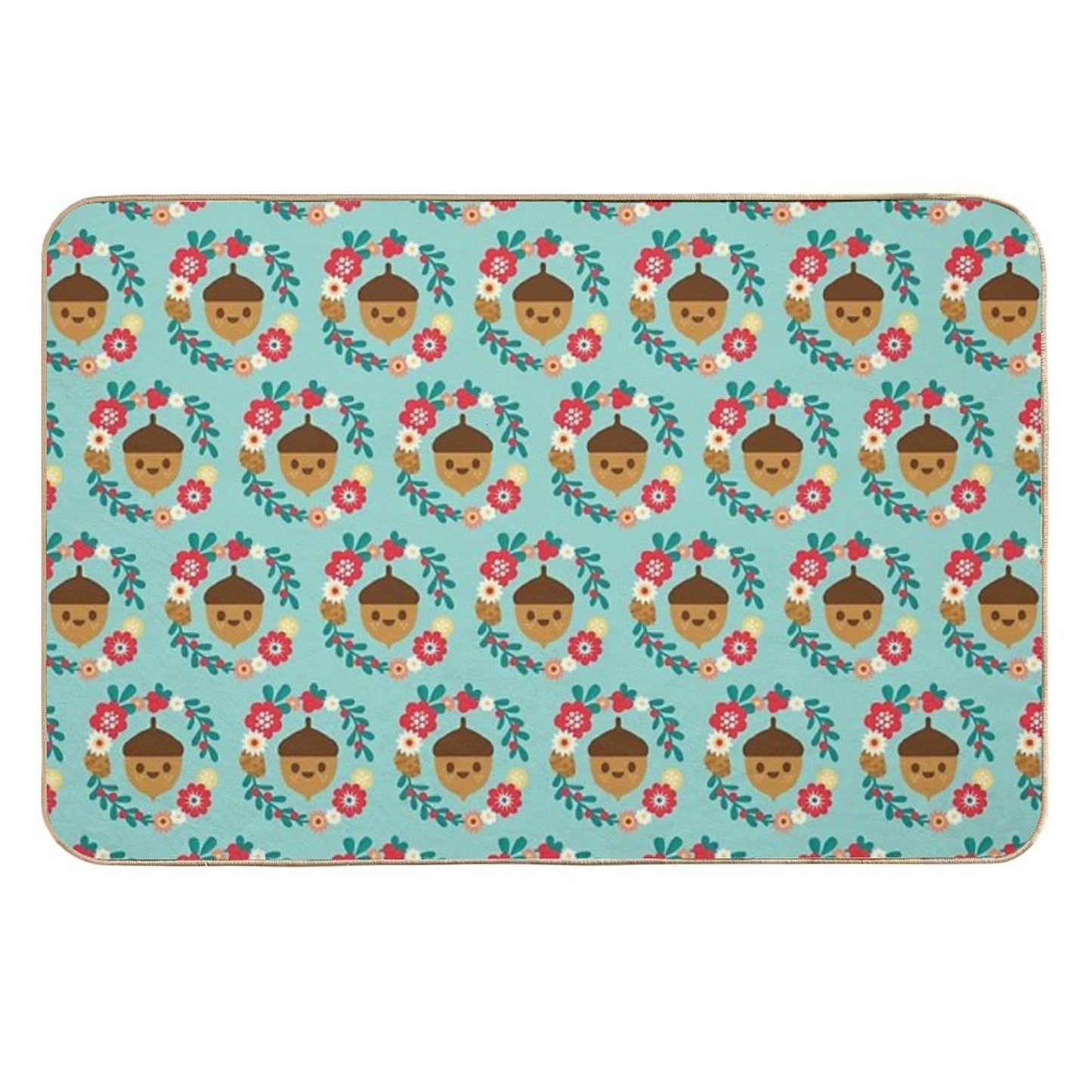 Acorn And Flowers Pattern Design  Blue  Absorbent Bath Mat