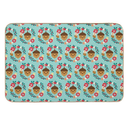 Acorn And Flowers Pattern Design  Blue  Absorbent Bath Mat