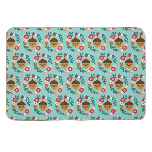 Acorn And Flowers Pattern Design  Blue  Absorbent Bath Mat
