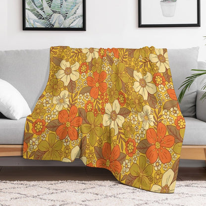 Retro 60s70s Orange & Olive Green Floral Easy Care Throw Blanket