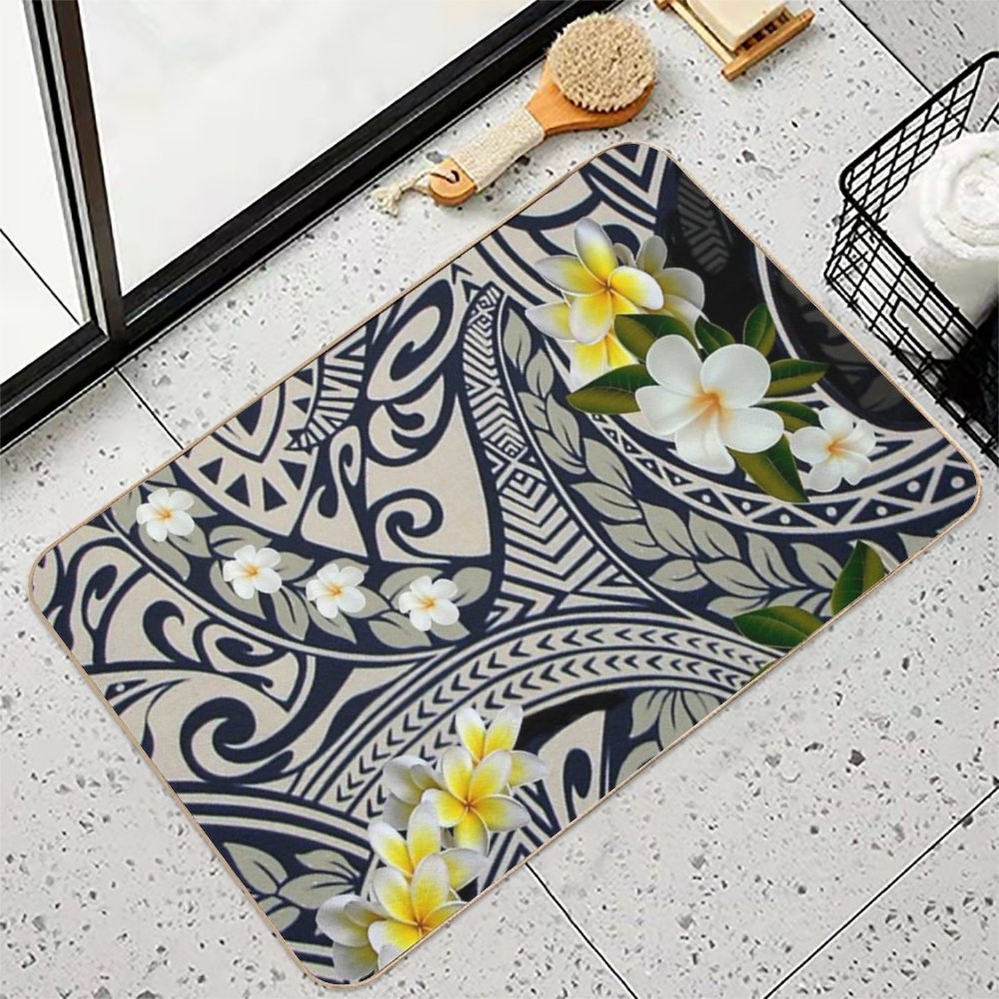 Traditional Hawaiian Tapa And Plumeria  Easy Maintenance Bath Mat