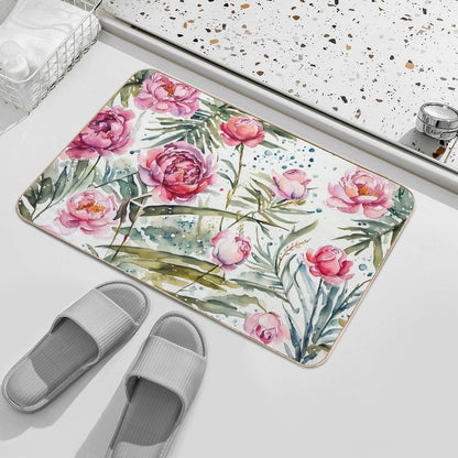 Beautiful Flower And Plant in Loose Watercolor Painting - Monstera Leaves. Peony And Rose Flowers in Soft Pastel Color  Odorless Bath Mat