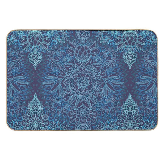 Aqua, Cobalt Blue & Purple Protea Doodle Pattern  Repositionable Bath Mat