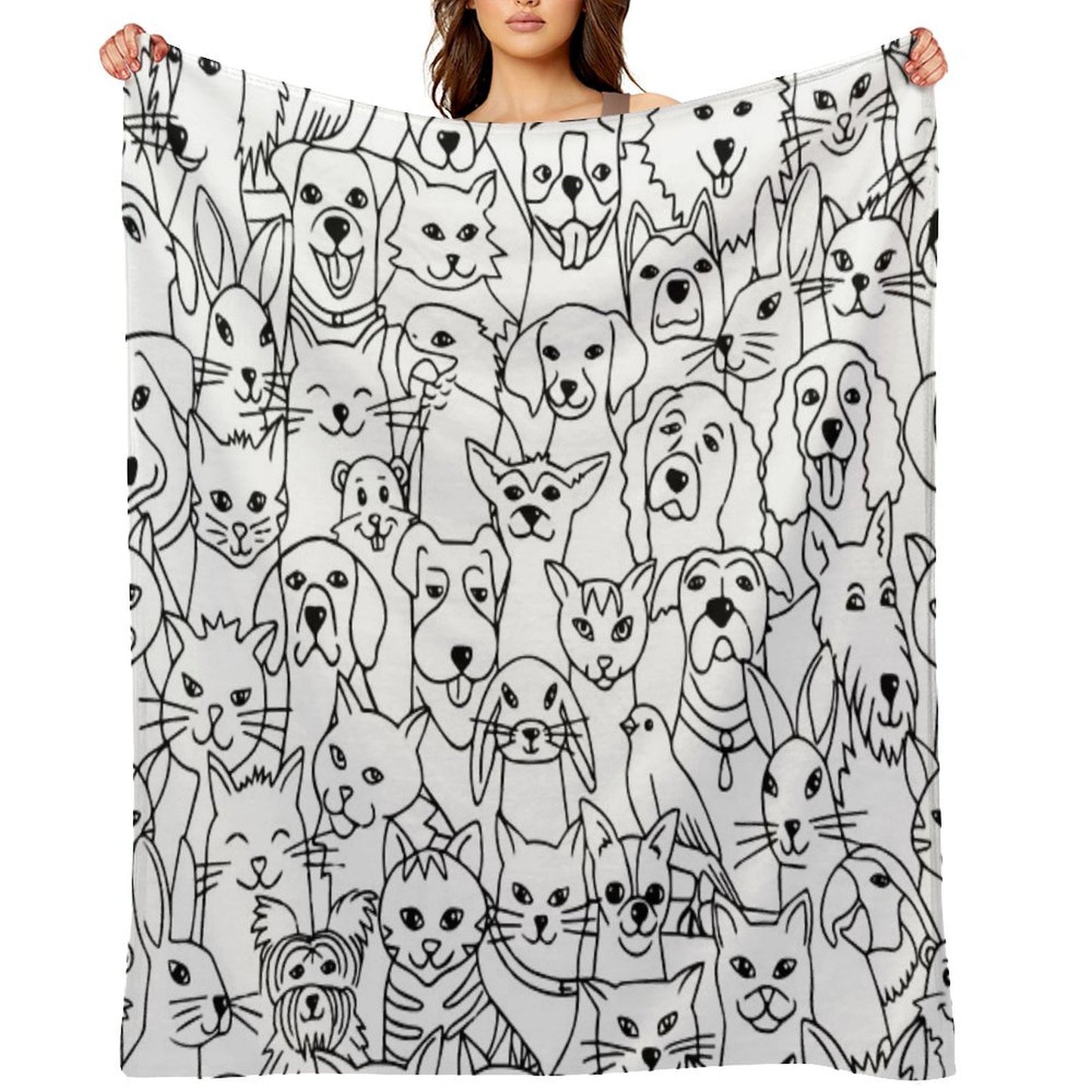 Funny Pattern with Cute Pets Dogs, Cats, Birds, Rabbits, Hamster Female Child Male Animal Lover Shrink-resistant Throw Blanket