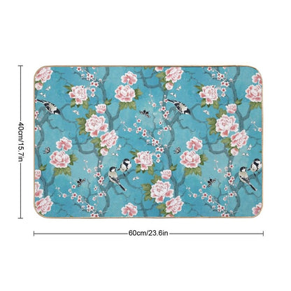Chinoiserie Birds in Turquoise Blue  Absorbent Bath Mat