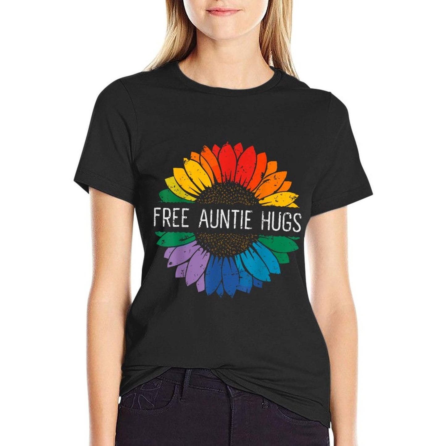 Free Auntie Hugs, LGBT Gay Lesbian Pride Month Rainbow  Wrinkle-resistant T-Shirt