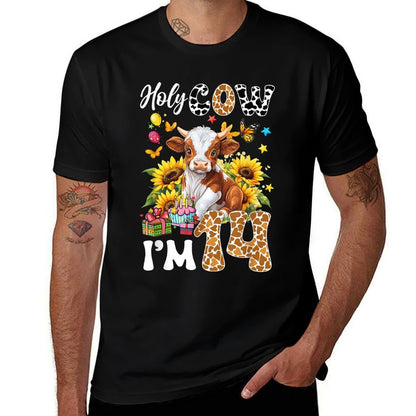 Holy Cow I'm 14 Years Old Farm Cow Sunflowers 14Th Birthday  Relaxed-fit T-Shirt