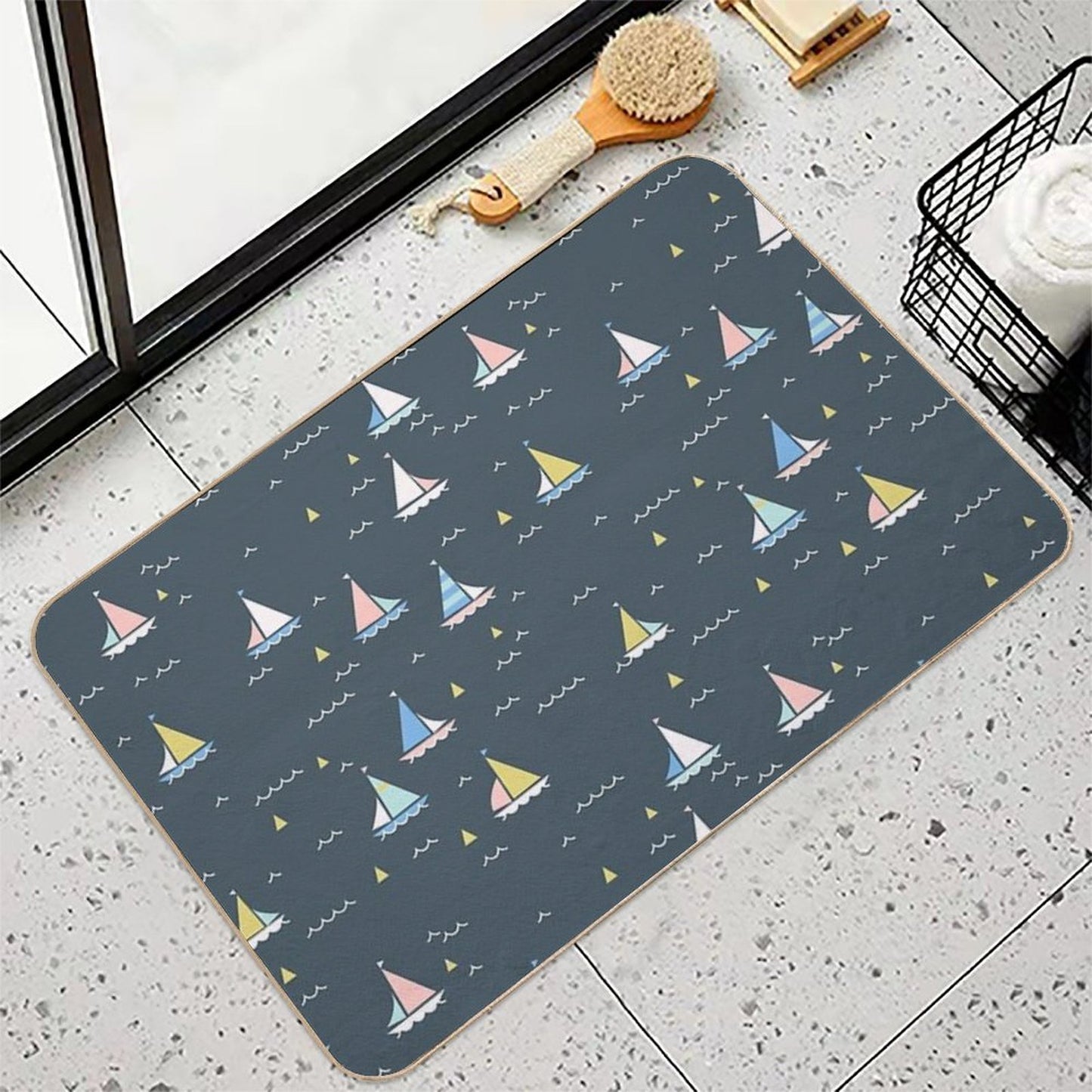 Small Sailing Boats on Dark Gray Background, Minimalist Pattern  Non-Slip Bath Mat