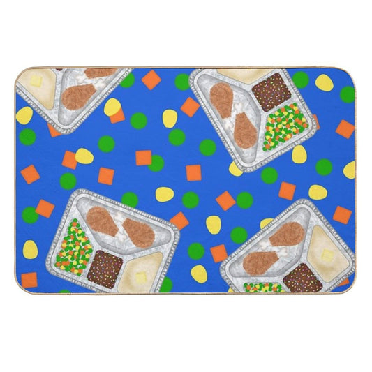 Retro 80’s TV Dinner Tray Food Fried Chicken Peas Corn Carrots On Blue  Anti-Trip Bath Mat