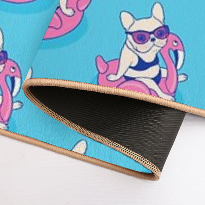 Frenchie Enjoys Summer on Flamingo Pool Float in Swimming Pool  Dirt-Trapping Bath Mat