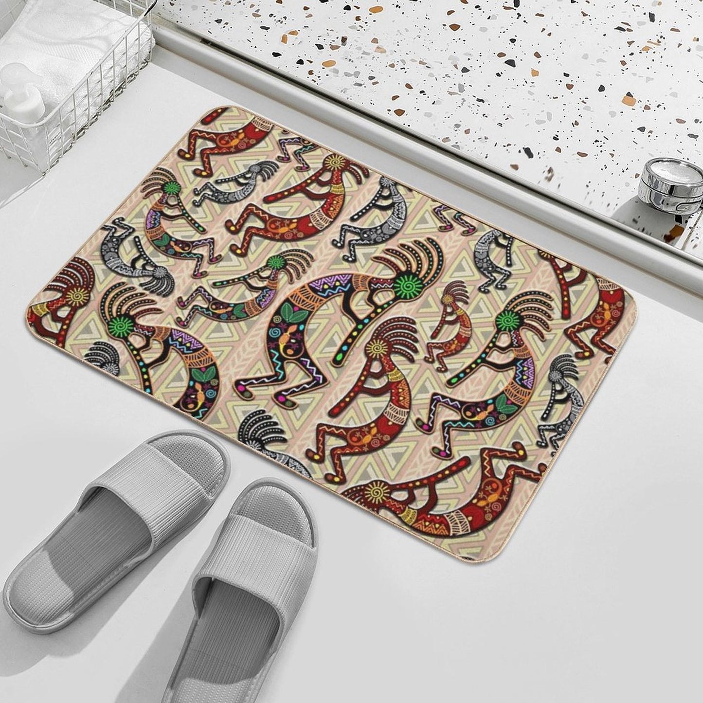 Kokopelli Rainbow Colors on Tribal Pattern  Long-Lasting Bath Mat