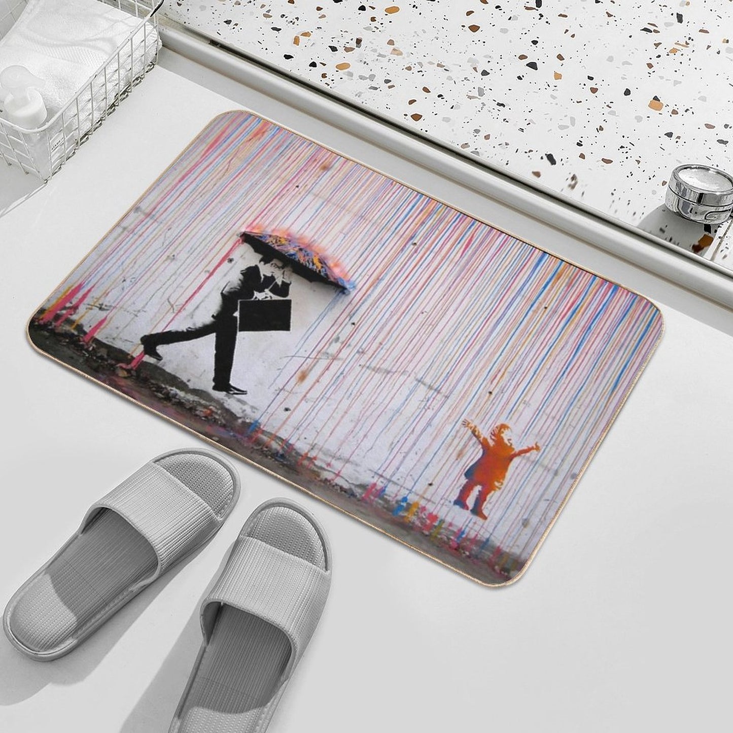 Banksy Umbrella Rainbow Happy Girl  Anti-Trip Bath Mat