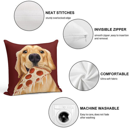 Golden Retriever Eating Pizza - Dog with A Slice of Pizza Soft Shrink-Resistant Throw Pillow