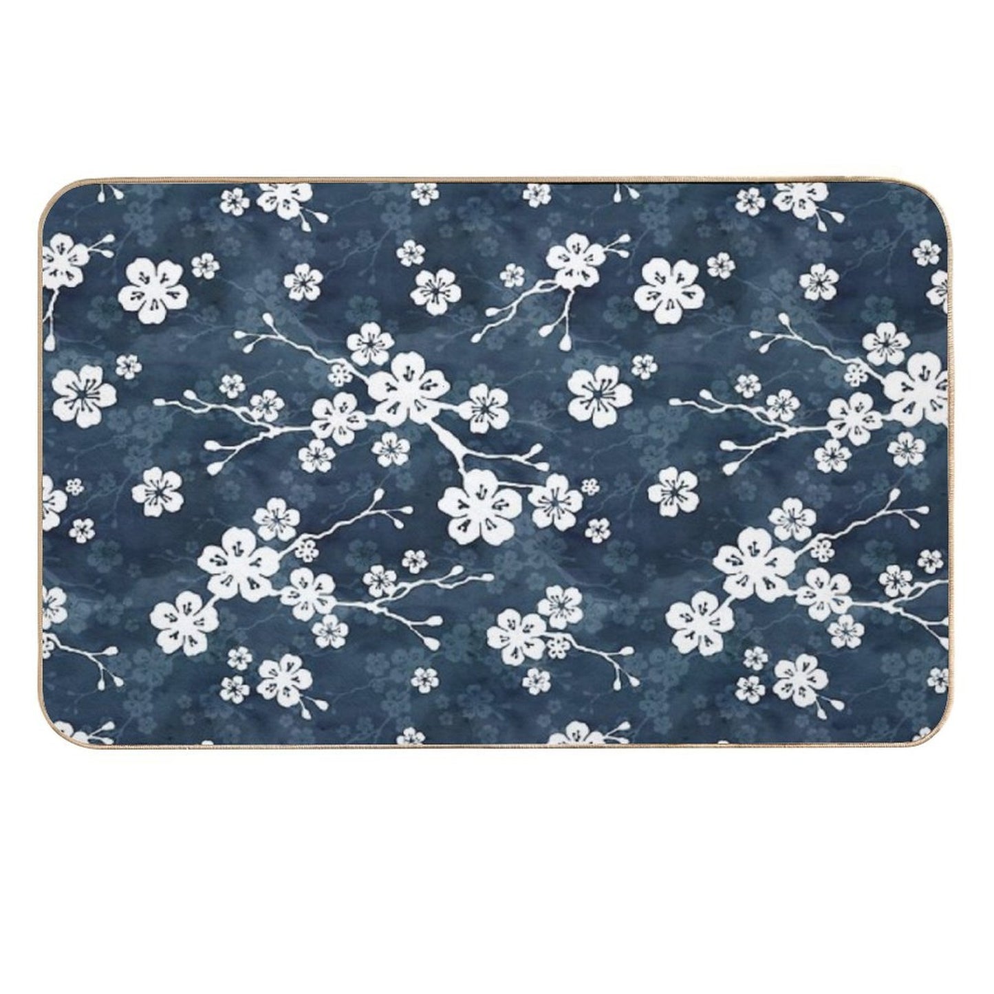 Navy And White Cherry Blossom Pattern  Non-Slip Bath Mat
