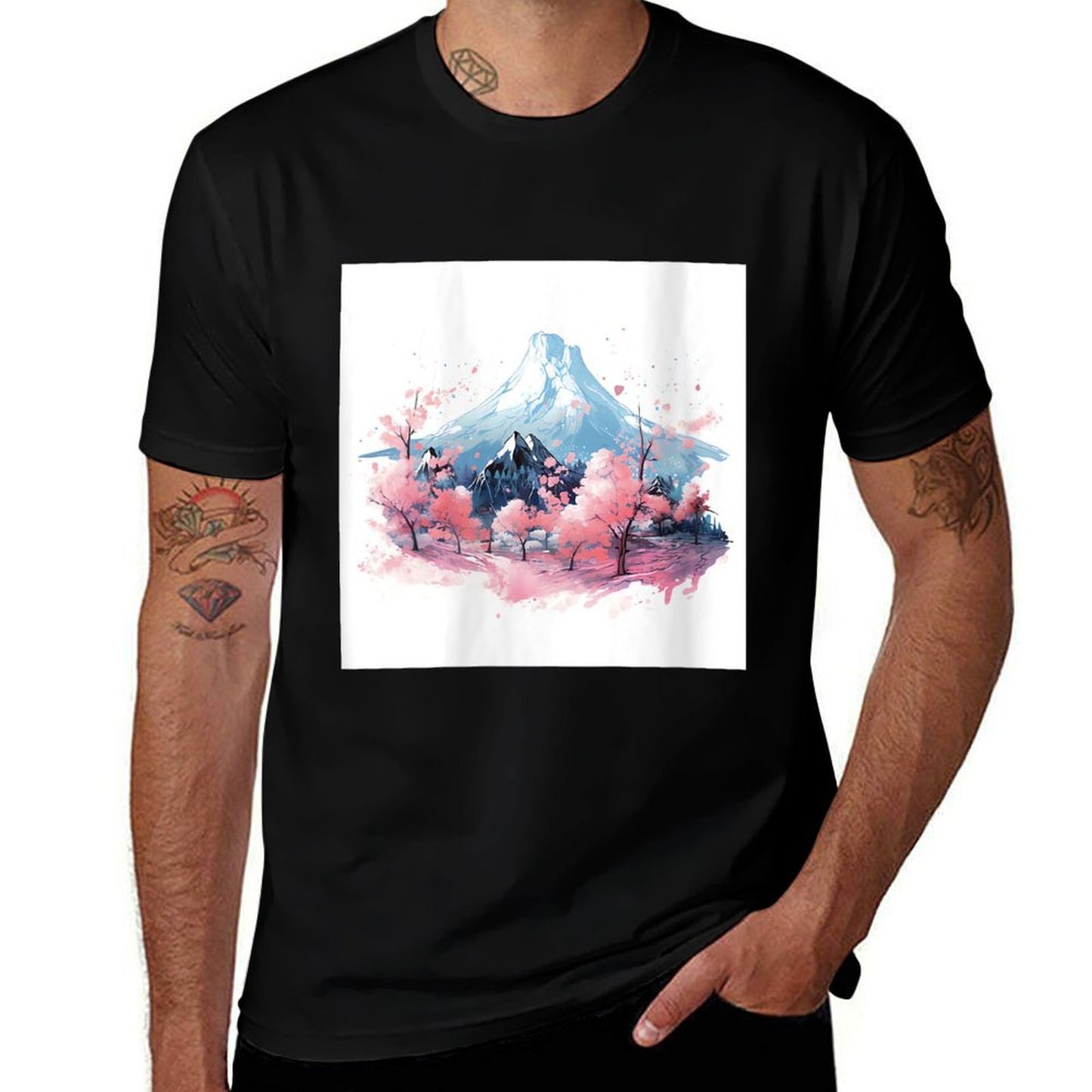 Sakura Waltz Japanese Stream in Mountain Twilight Glow  Ribbed Collar T-Shirt