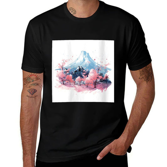 Sakura Waltz Japanese Stream in Mountain Twilight Glow  Ribbed Collar T-Shirt