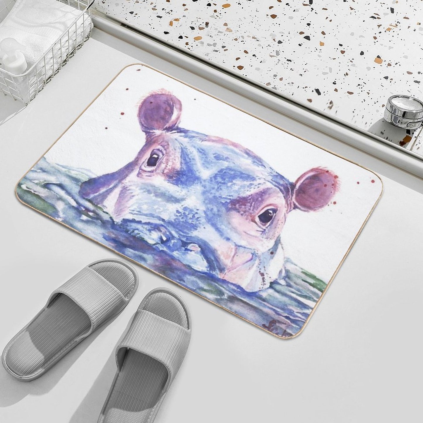 Happy Hippo Watercolor Painting  Eco-Friendly Bath Mat