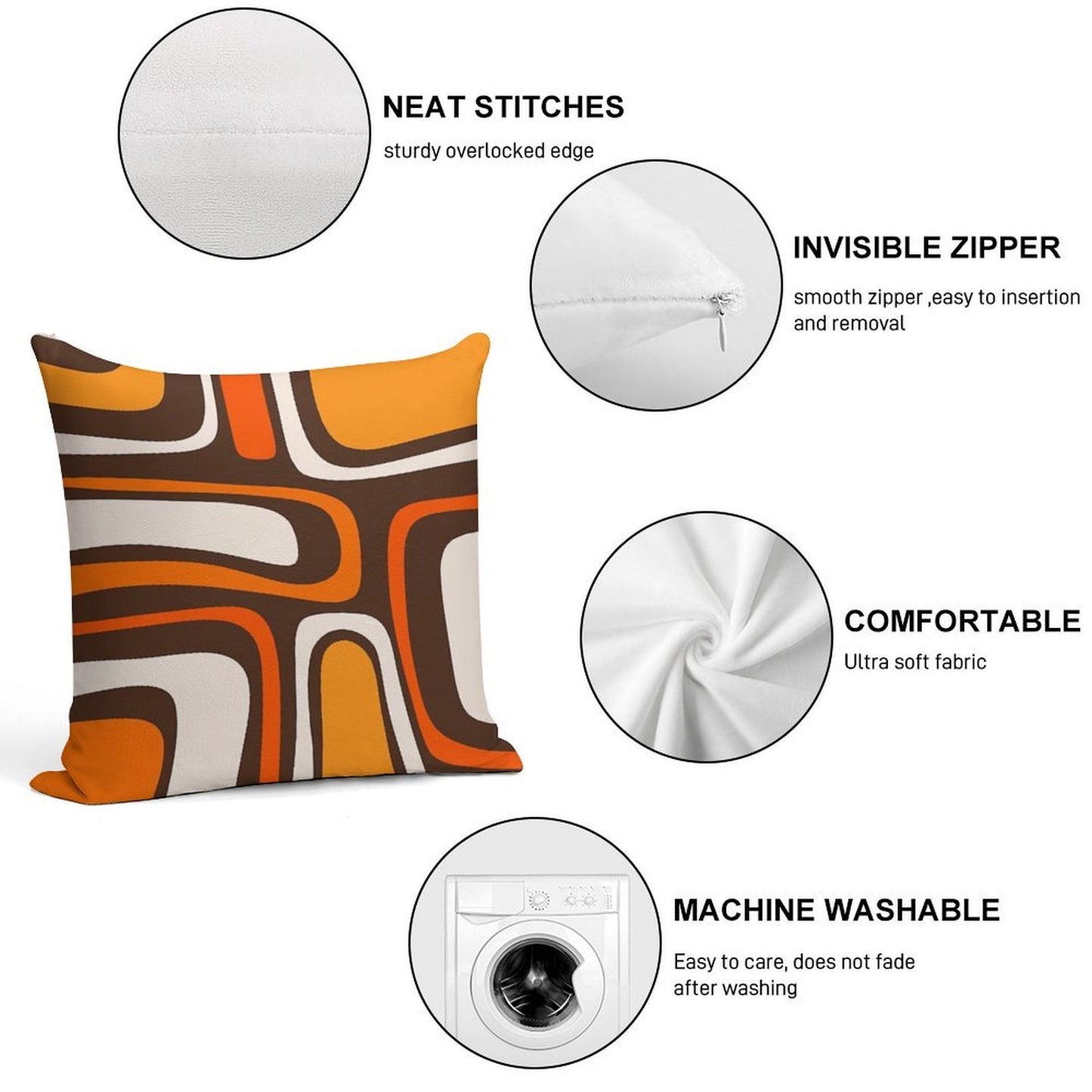 Palm Springs Retro Mid-Century Modern Abstract Pattern in 70s Dark Brown Orange Beige Soft Hidden Zipper Throw Pillow