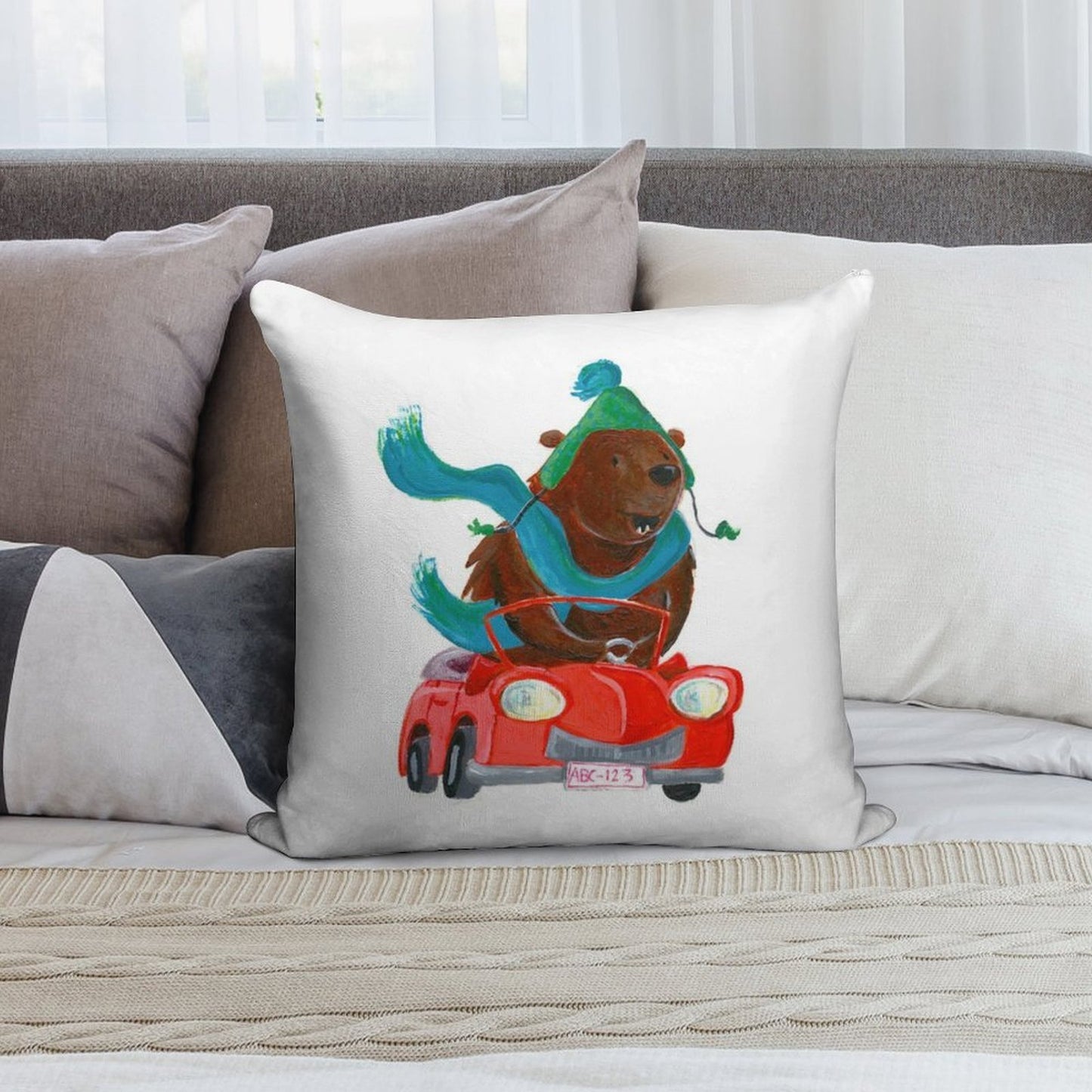 Bear in Car Soft Short Plush Fabric Throw Pillow