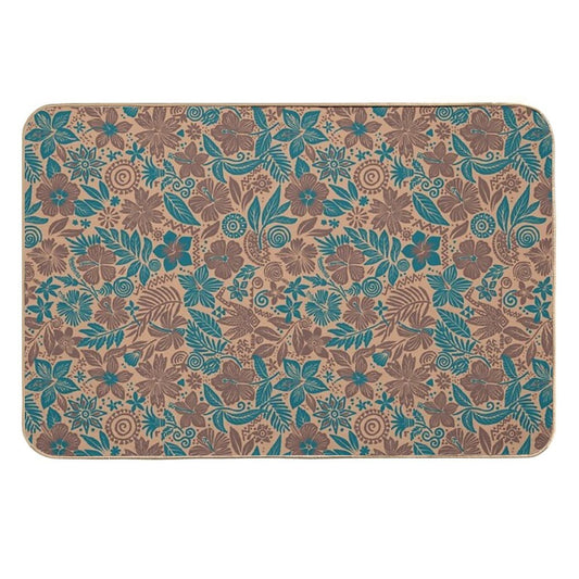 Beige And Teal Tropical Floral Tribal Print  Eco-Friendly Bath Mat
