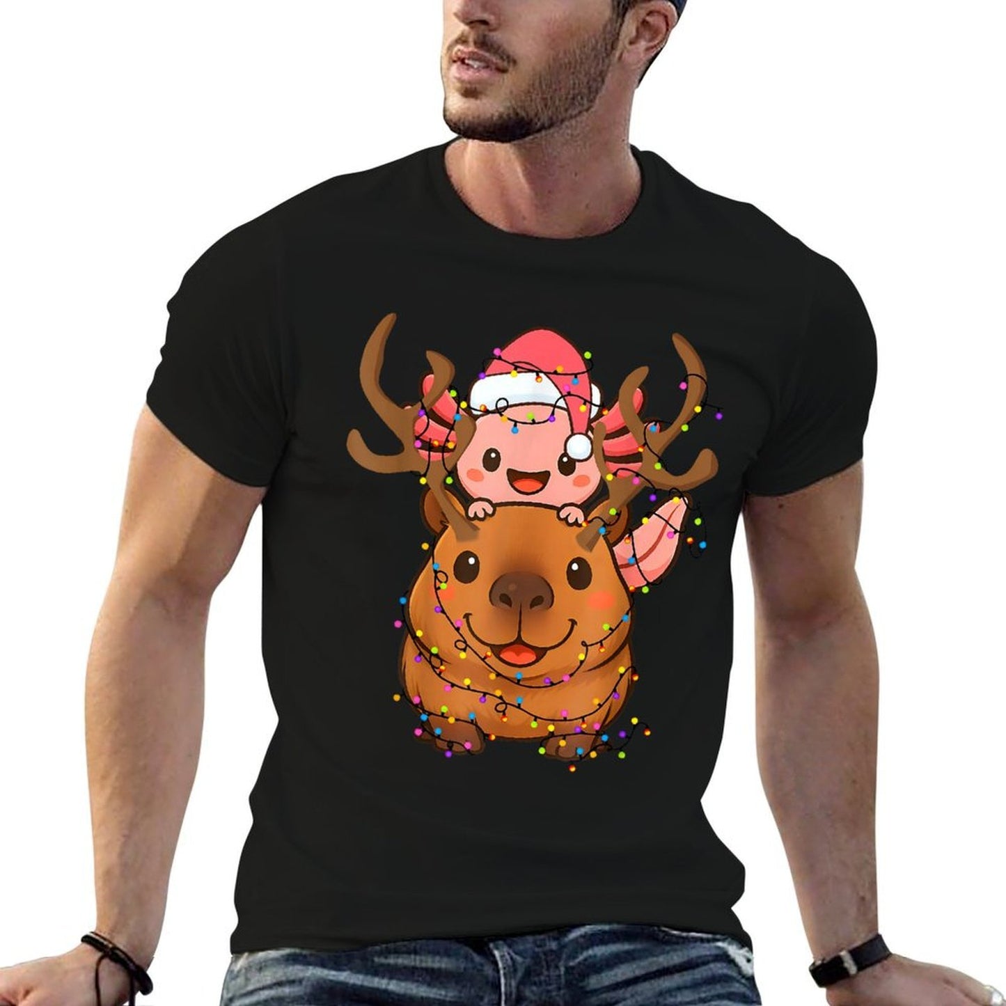 Capybara Axolotl Christmas Tree Xmas Light Cute Girls Boys  Eco-friendly Material T-Shirt