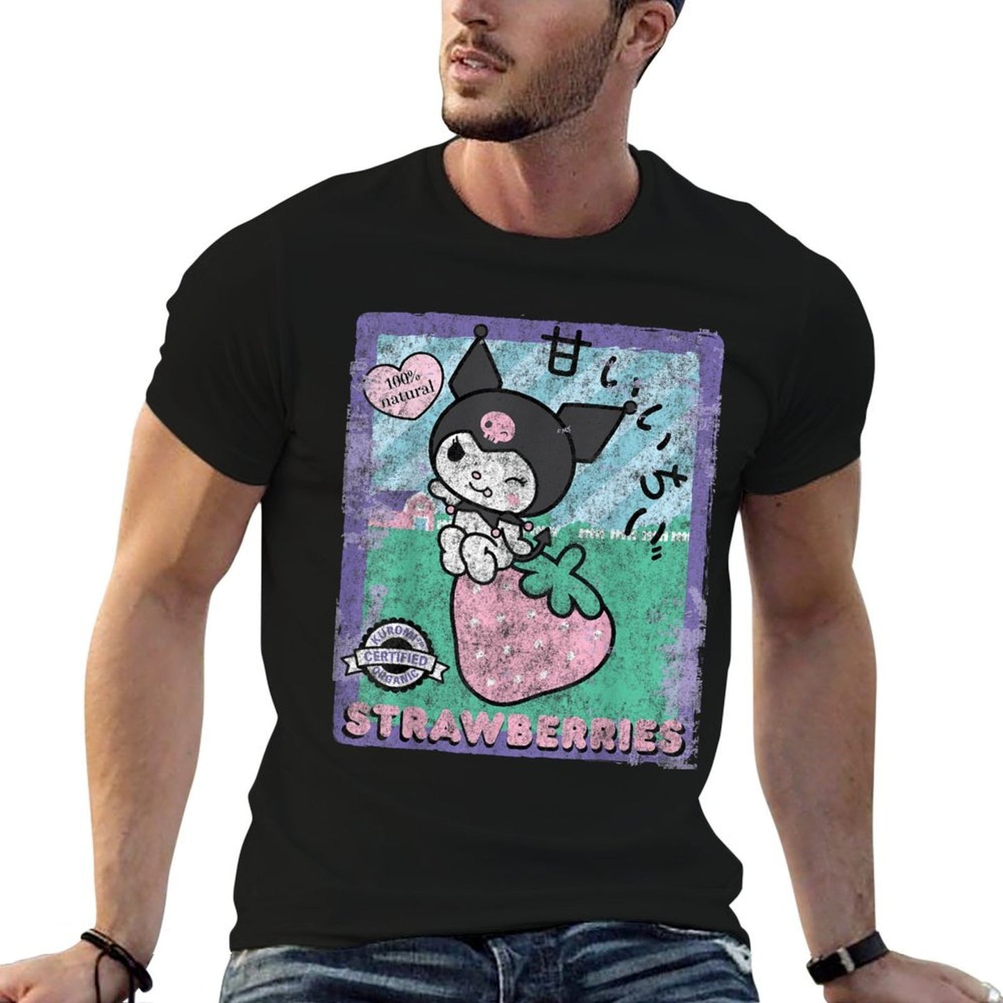 BONRI Kuromi Strawberry Picking Strawberries Farm Sleevetype  Heathered Texture T-Shirt