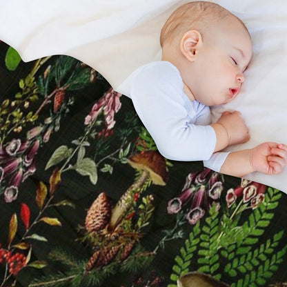 Vintage Mushrooms Forest Botanical Pattern - Black Botanical Night Garden Nightgarden Sustainable Throw Blanket