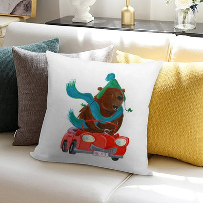 Bear in Car Soft Short Plush Fabric Throw Pillow