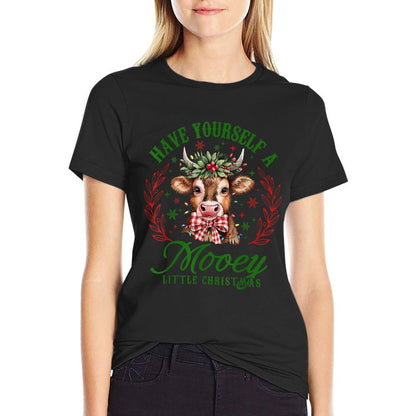 Have Yourself A Mooey Little Christmas Western Highland Cow  High-quality Stitching T-Shirt