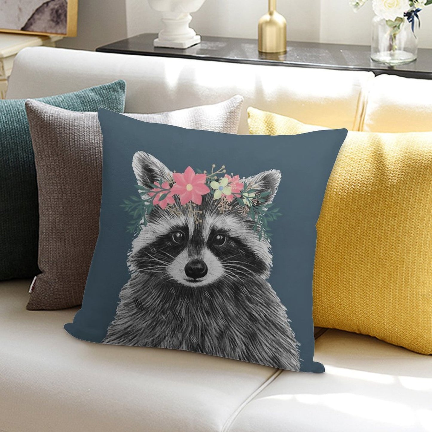 Raccoon Floral Crown Flowers Funny Cute Animal Raccoon Gift Soft Luxury Feel Throw Pillow