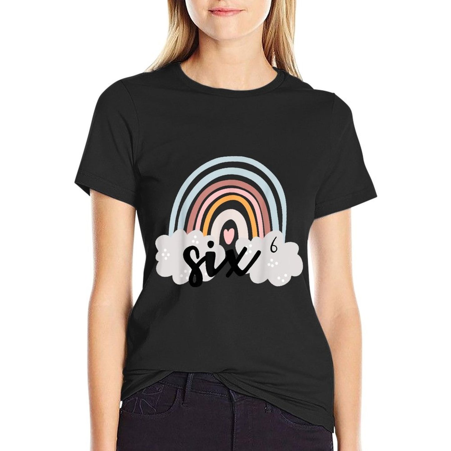 Six Year Birthday Rainbow Party Boho Retro Family 6 Year Old  Fade-proof Color T-Shirt