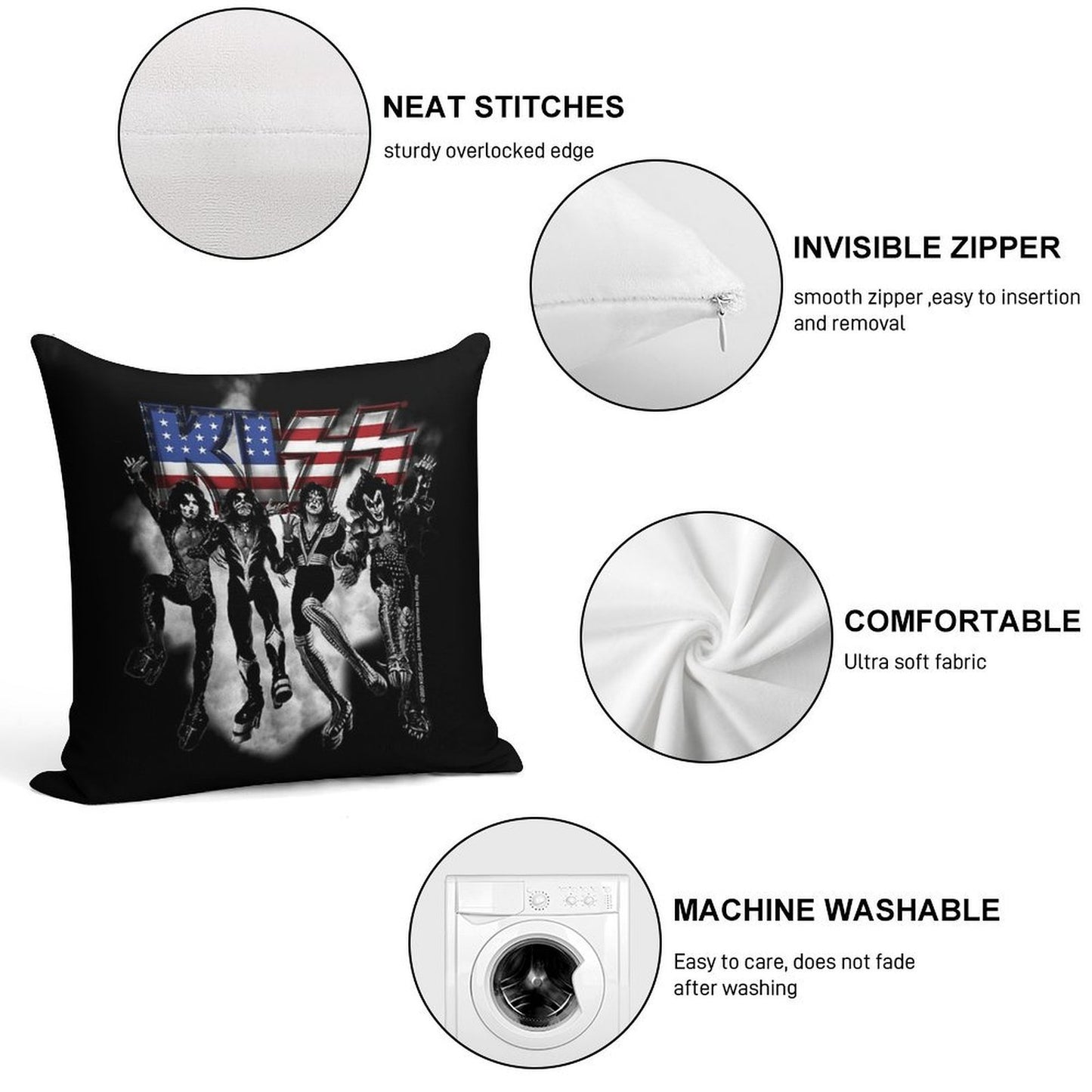 KISS ® The Band - Destroyer Black And White Fog USA Logo Soft Gift Ready Throw Pillow