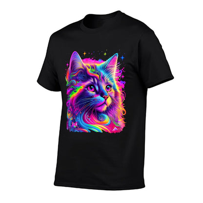 Colorful Rainbow Cat Graphic  Summer-ready Fabric T-Shirt