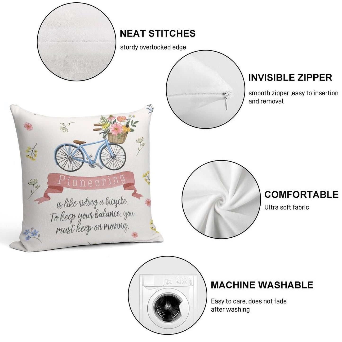 Pioneering Is Like Riding A Bicycle (Floral) Soft High-Density Material Throw Pillow