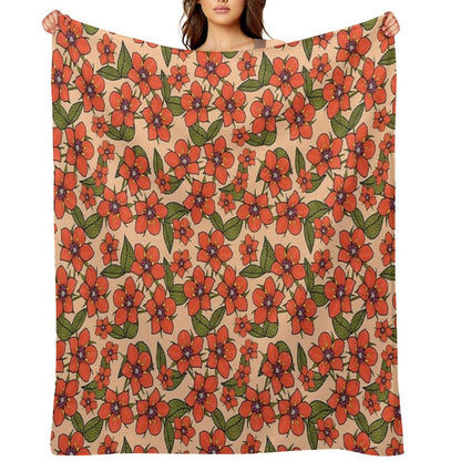 Scarlet Pimpernel Floral Design, Red And Purple Flowers with Green Leaves on A Peach Fuzz Background Easy Care Throw Blanket