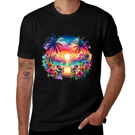 Tropical Island Beach Wave Sunset Scene  High-quality Stitching T-Shirt