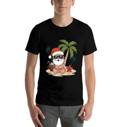 Funny Christmas Santa Hawaiian Beach Xmas Palm Tree Tropical  Polyester Blend T-Shirt